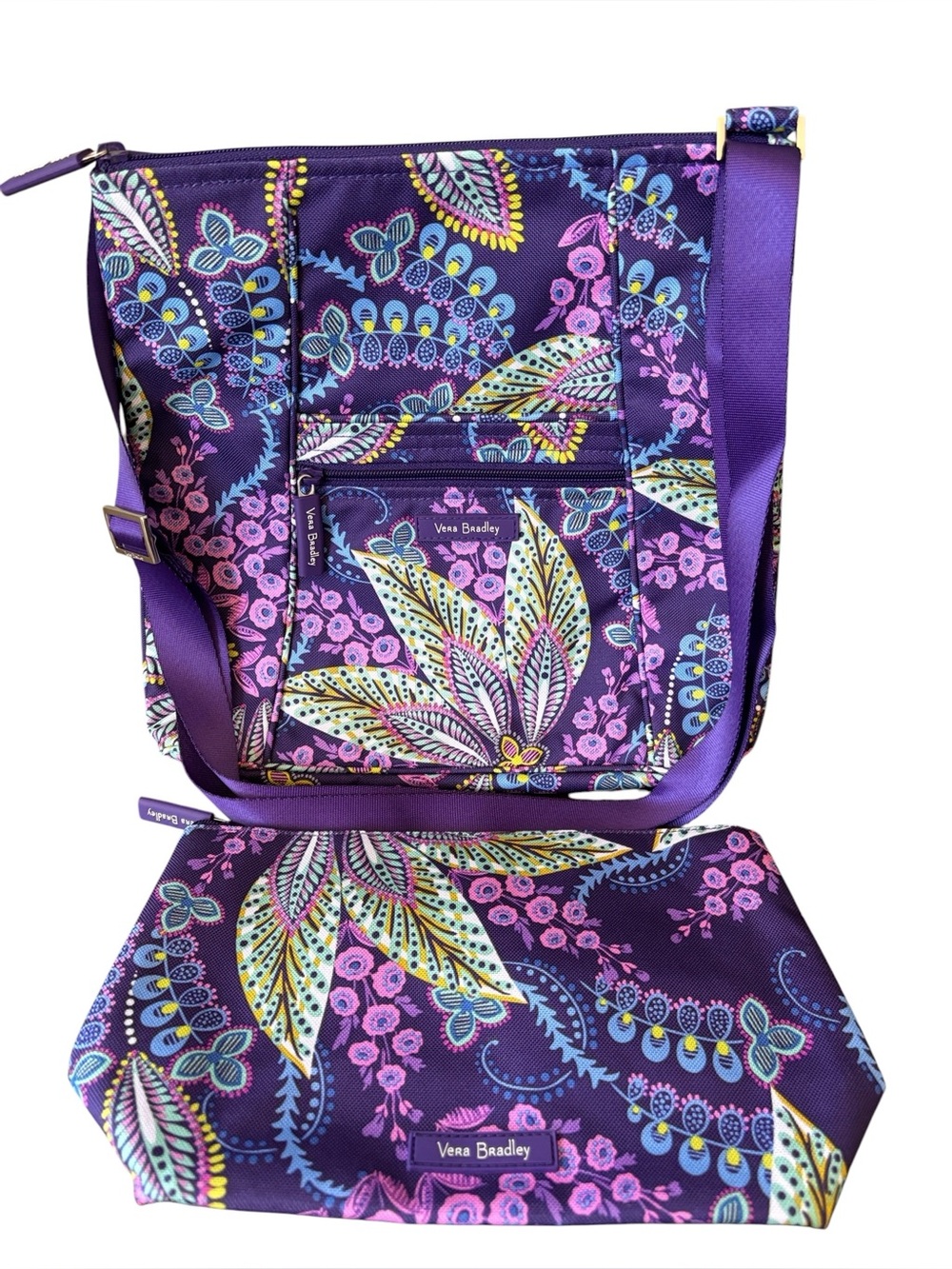 Vera Bradley Set Crossbody Bag Purple Green Batik Leaves NWOT with Accessory Bag